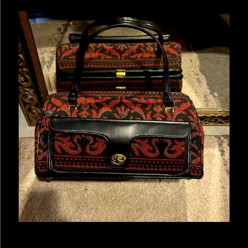 Vintage Red & Black Woven Tapestry Handbag with Leather Trim